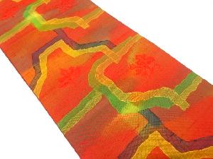 幾何学に花模様織り出し　紬　名古屋帯